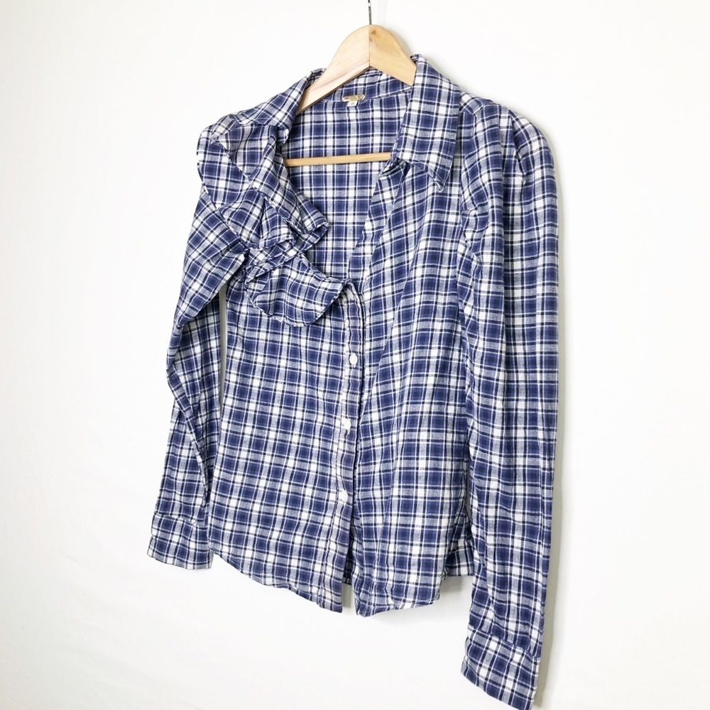 Johanna Ortiz Navy and White Plaid Button-Down Shirt - Picture 4 of 12